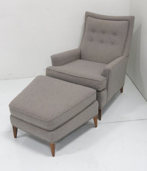 Paul McCobb Arm Chair & Ottoman: Circa 1960. Arm chair approx. 37" H x 28" W x 35" L. Ottoman approx. 17" H x 28" W x 24" D. Leg on ottoman repaired. Some scratches.