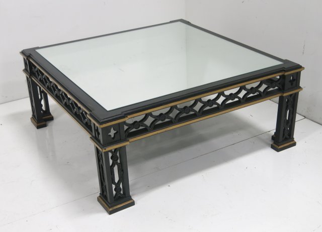 Francis Elkins style Ebonized coffee table: Gilt highlighting. Circa 1950. Approx. 17 1/2" H x 42" W x 42" D.
