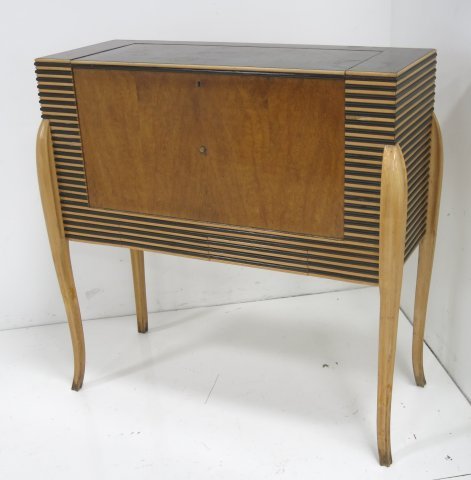 Italian Mid-Century drop front bar: Mirrored interior. Approx. 44" H x 44" W x 18" D. Repair to one leg. Water rings to top. Some losses.