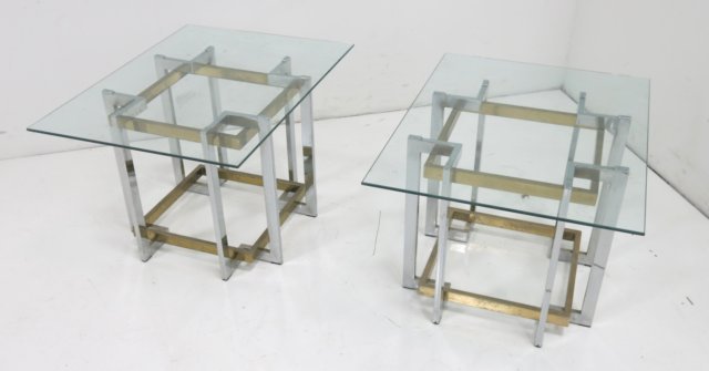 Pierre Cardin pair chrome & brass side tables: Approx. 14 1/4" H x 16" W x 16" D.
