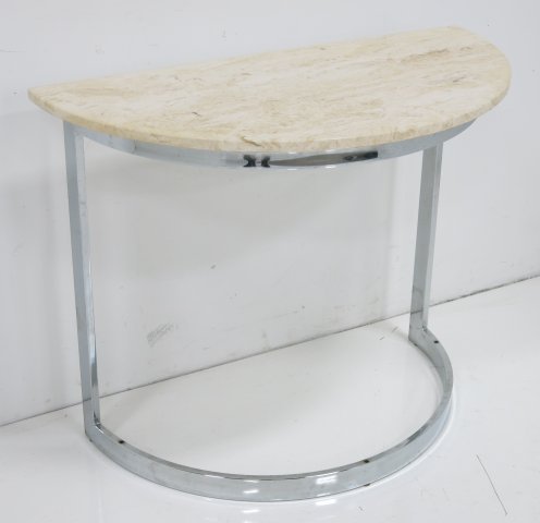Milo Baughman Chrome Console: Circa 1970. With cream marble top. Approx. 28 1/2" H x 35 1/2" W x 18" D. Minor scratches on chrome.