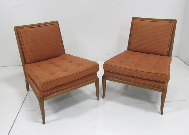 Robsjohn-Gibbings for Widdicomb Pair Slipper Chair: Upholstery faded rust cotton. Circa 1950. Approx. 31 1/4" H x 26 1/2" W x 33" D. Some marks & scratches.