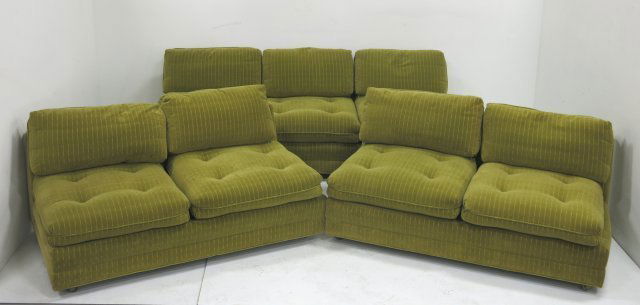 Henredon 3 piece sectional couch: Circa 1970. Upholstered in original green striped velvet. Approx. 24" H x 34" D. Sofa approx. 85" L.