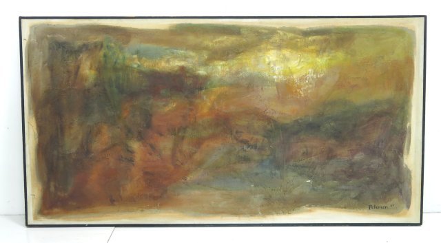 Peterson, Large Abstract: Framed. Signed & dated lower right 1965. Approx. 50" x 96" unframed, 51" x 97" framed. Slight repairs.