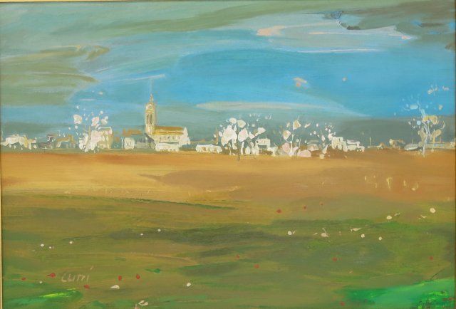 Jose Alfonso Cuni, "Village Landscape": Oil on canvas. Signed lower left. Jose Alfonso Cuni, Spanish (b. 1924) Approx. 22" x 32" unframed, 26" x 36" framed. (4050) Property from Upper West Side Apartment, NYC. Relined.