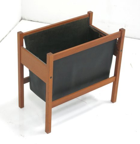 Danish modern teak & leather magazine rack: Circa 1960. Approx. 17" H x 17 3/4" W x 10 1/4" D. (4034) Property of a lady from UN Plaza, New York.