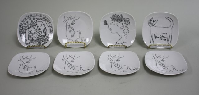 Jean Cocteau for Promo-Ceram side plates: Set of 8. 5 dated 1958, 1 dated 1959, 1 dated 1962, 1 undated. Approx. 5" W. (4034) Property of a Lady, U.N. Plaza, New York. Good condition.