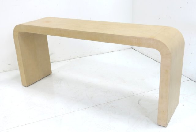 Karl Springer style faux python skin console: Approx. 27" H x 58" W x 15" D.