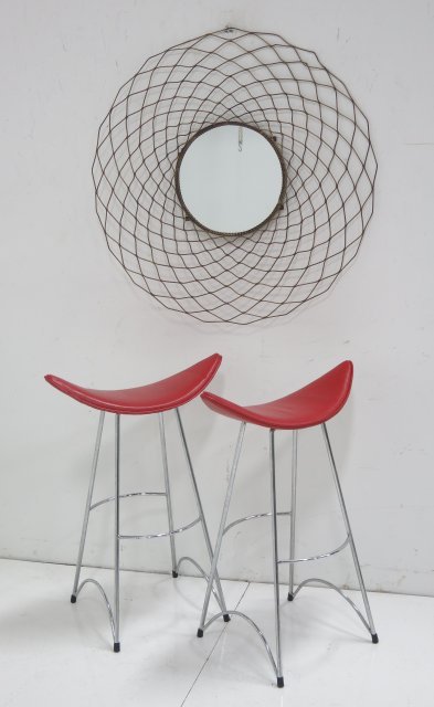 Pair chromed & leatherette bar stools & mirror: With metal wire style mirror stools. Modern. Mirror approx. 30" H x 36" D.