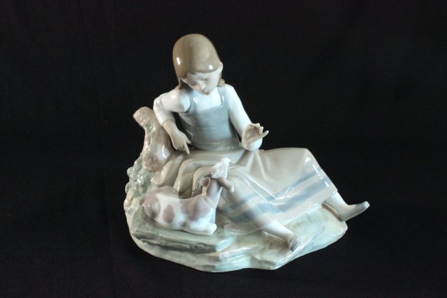 Lladro "Young Girl With Goat": Approx. 10 1/2" H x 12" W. (3437) Antler broken.