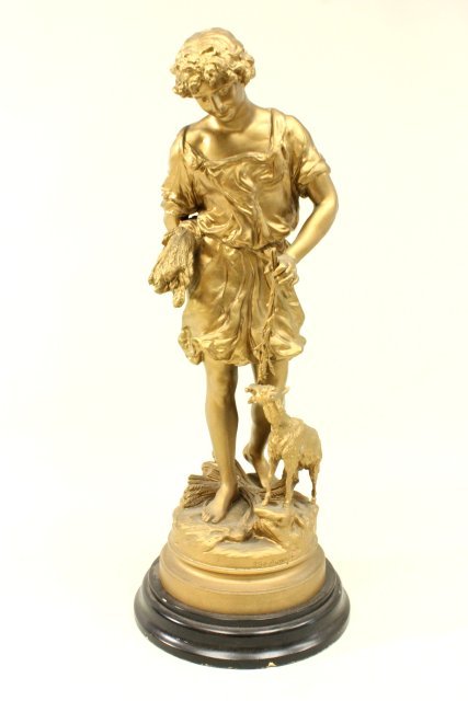 Boy with lamb gilt metal statue: Mounted on wood base. Signed H. Moreau. Ca. 1900. Approx. 25" H.