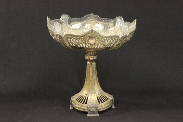 Continental Silver Plate Compote With Glass Insert: Floral design. Approx. 12 3/4" high, 12 1/2" in diameter. (04765A).