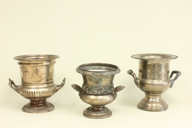 Group Lot of 3 Silver Plated Wine Coolers: Various sizes. Tallest 10" high. (033199C, 032878D, 032878)