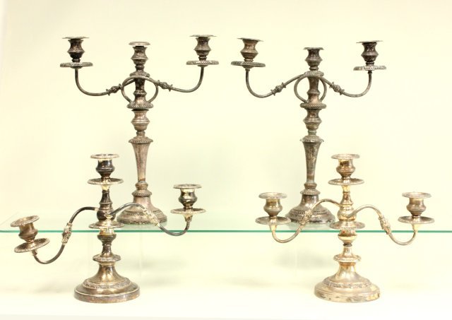 Two pairs of silver plated 3-arm Candelabras: Large pair approx. 19" high. (037504A, 030696B) Some repairs on both