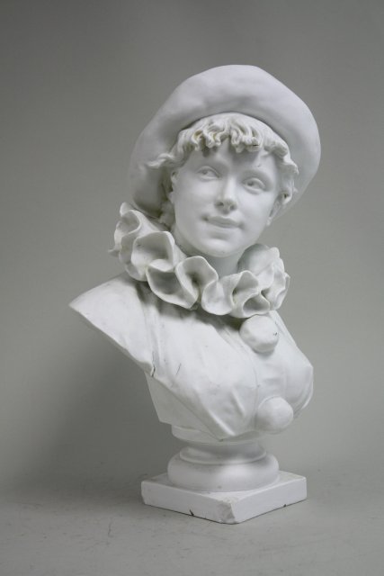 Parian Bust of Young Boy, Lecorney: Signed. EB, Paris. Approx. 18" H. Chips to base. Firing cracks. Stains. Repair to hair.