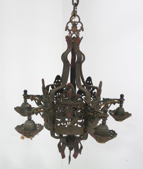 Gothic style 5 light metal chandelier: Circa 1910-20. Approx. 22" H x 18 1/2".