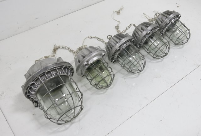 5 metal & glass industrial light fixtures: 4, approx. 12". 1, approx. 16".