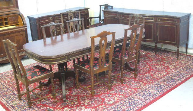 11 Piece matched dining room set: Includes 6 chairs, 2 armchairs, 1 table, & 2 sideboards. Table measures approx. 87" L. x 40" W. Sideboards measure approx. 67" W. x 86 1/2" W. Surface scratches.