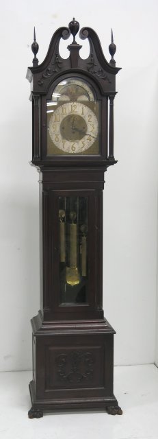 Bawo and Dotter Mahogany Grandfather Clock: Late 19thC - Early 20thC. 5 Tube. 8 Weight. Sun moon dial. Claw leg. Approx. 98"H