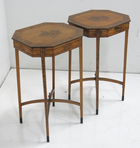 Pair of satinwood octagonal end tables: Paint decorated. Approx. 26 1/2" x 16 3/4" x 14 3/4".
