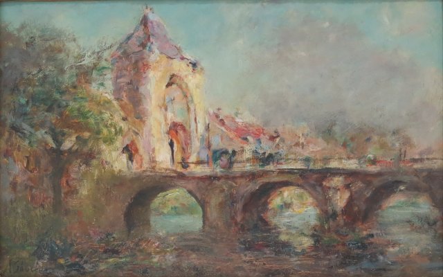 A. Shuster, "Abstract Bridge & Tower": Oil on canvas. Gilt framed. Signed lower left. Approx. 10" x 16" unframed, 15" x 21" framed.