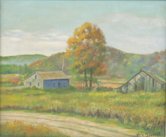 Eric Sloane, "Rural Landscape": Oil on board. Framed. Signed lower right. Eric Sloane, American (19105-1985). Approx. 20" x 24" unframed, 22" x 26" framed. Authenticity & provenance not guaranteed.