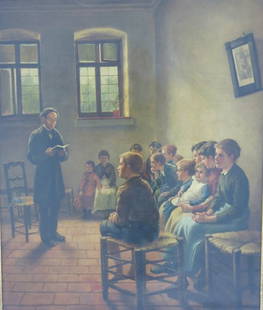 Robert Müller, "Our Teacher": Oil on canvas. Signed lower right. Framed. Robert Müller, German (19th century). Approx. 37" x 31" unframed, 45" x 39" framed. Restored & relined.