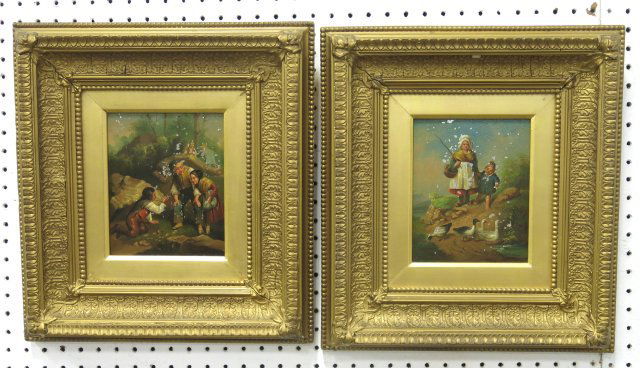 After Vogel, Pair Figural Portraits: Oil on tin. Giltwood framed. Early 20th century. After Christian Leberchet Vogel. Approx. 17" H x 15 1/2" W framed. Flaking.