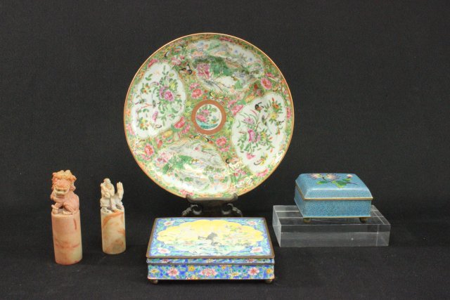 Chinese porcelain soapstone & cloisonne plate: Soapstone and Rose Medallion plate; 2 boxes and 2 stamps.