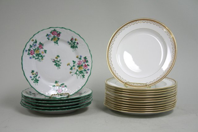 18 Mintons & Saxe plates: Including, 12 Mintons plates, approx. 8 7/8" D, marked Mintons England, Davis Coliamore & Co. Ltd, Fifth Ave. & 48th St, New York & 6 Saxe plates approx. 8 3/4"D, marked Saxe, Made for Charles Hall, S