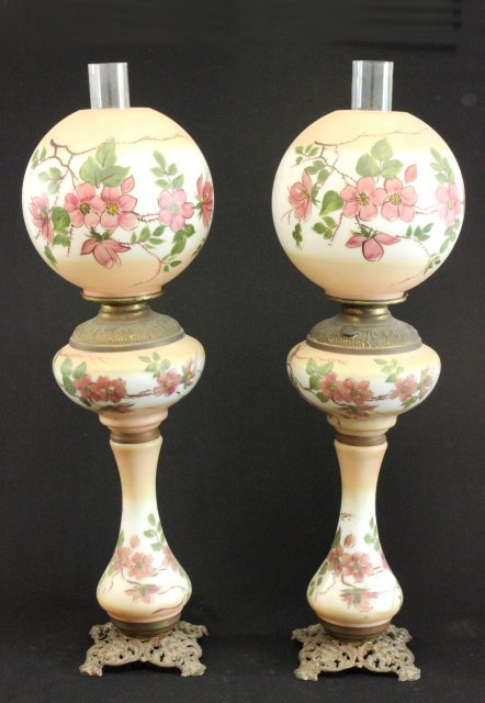 Pair of "Gone with the Wind" table lamps: Floral, hand painted. Approx. 32" H.