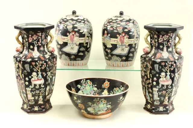 Five Chinese porcelain items: Including two vases (approx. 20") , two covered ginger jars (approx. 14" H) and a large bowl (approx. 6 1/2" x 14" D).