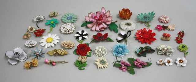 Group lot of floral enamel pins & earrings: Including, Trifari, Sarah Coventry. Approx. 44 pieces. Some losses.