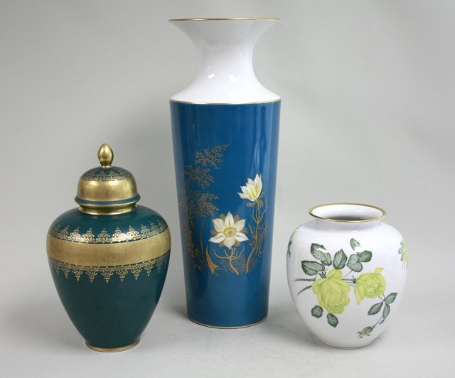 2 porcelain vases & covered jar: Including Bavarian porcelain. All marked on bottom. 3 pieces total. Tallest approx. 22" H.