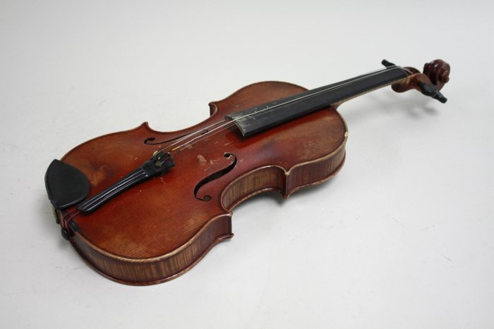 Vintage Violin: Solid back. Body approx. 14" L x 23" overall. Losses, surface scratches & chips.