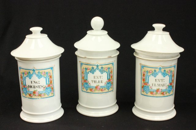 3 Continental Porcelain Apothecary Jars: Largest approx. 11" H. From an estate on the Upper West Side. (4050) Some old chips. Decoration has wear.