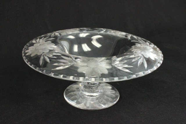 Pairpoint crystal compote: Floral etched design, 4 1/2"H x 11"D From a NYC collector's 40 year compilation.