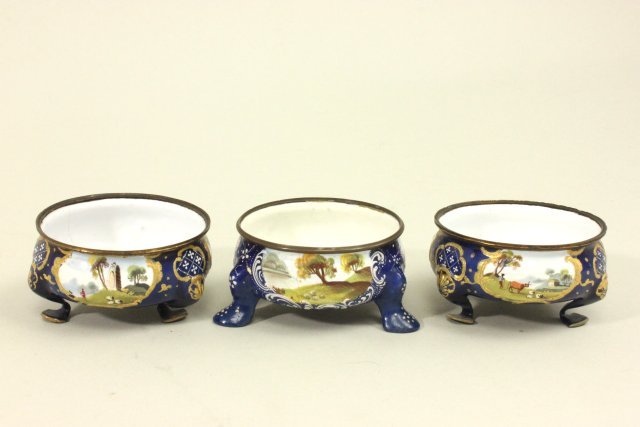 3 English Enameled Salt Cellars: 19th Century. Approx. 1 1/3" H x 2 1/12" W. From a NYC collector's 40 year compilation.