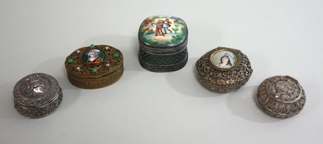 Silver Pill Boxes: Including enamel, French, filigree & some Persian. Various sizes and shapes. Largest approx. 1 1/4" H x 1 1/2" W. From a Great Neck, NY Estate.