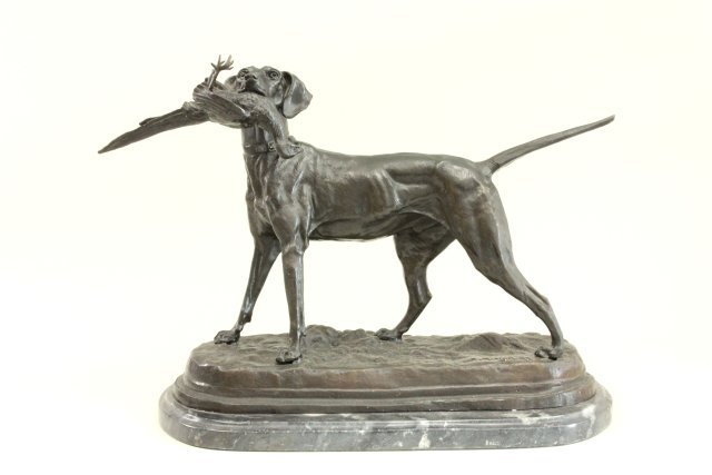 Jules Moigniez, "Hunting Dog" Sculpture: "Hunting Dog with his Catch". Reproduction bronze. Mounted on marble base. Artist signed. Approx. 18 1/2" H x 26" W. From a NYC collector's 40 year compilation.