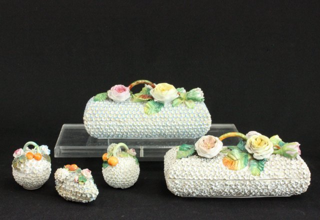 5 Porcelain Jacob Petit Dresser Boxes: Encrusted. Largest approx. 4" H x 9" L. From a NYC collector's 40 year compilation. Some losses.