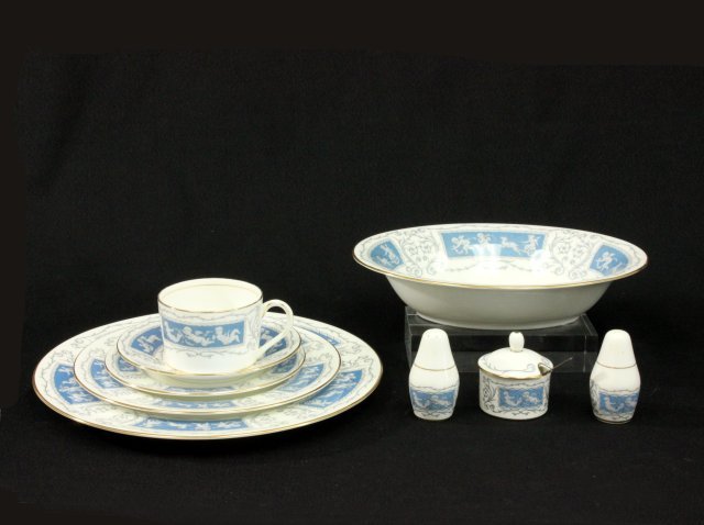 Coalport "Revelry" Dinnerware Set: Including 12 - approx. 10 3/4" D dinner plates, 12 - approx. 8 1/4" D plates, 12 - approx. 6" D plates, 12 - approx. 5 3/4" D bowls, 1 - oval bowl, 11 - cups, 12 - pair salt & pepper shakers, & 21 - s