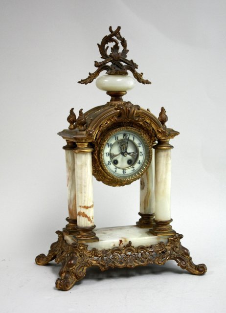 19thc French bronze & alabaster clock: Approx. 18 1/2" H x 11 1/2" W x 8 14" D.