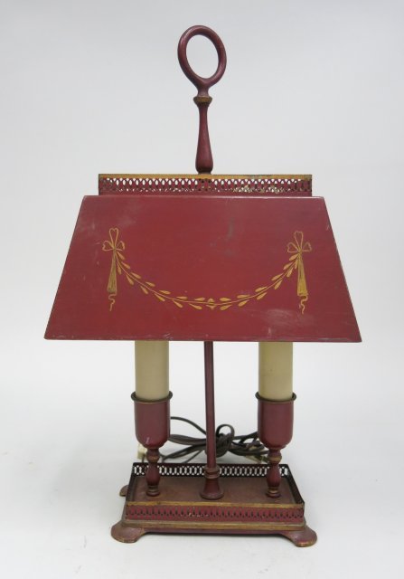 Red tole lamp: 2 lights, 20"H some wear
