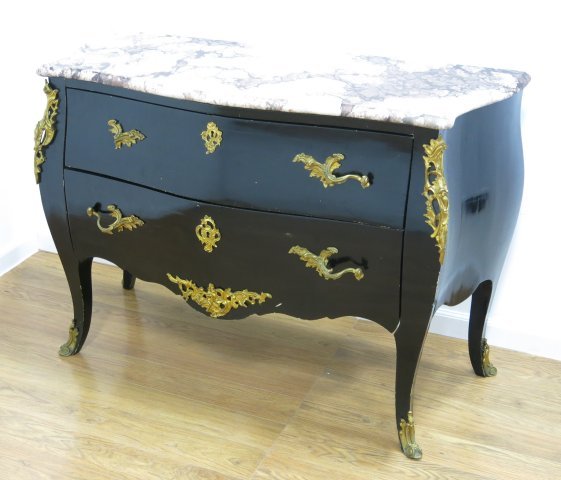 Louis XV Style Gilt-Metal Mounted Marble Top Commode: Approx. 34" H x 49 1/2" W x 22" D. 1 pull broken. Case has chips.
