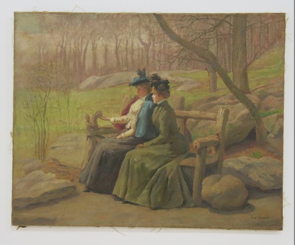Style of Jean Beraud, "Ladies Feeding Squirrels": Oil on canvas. Unframed. Signed lower right. 24"H 36"W From a NYC collector's 40 year compilation.