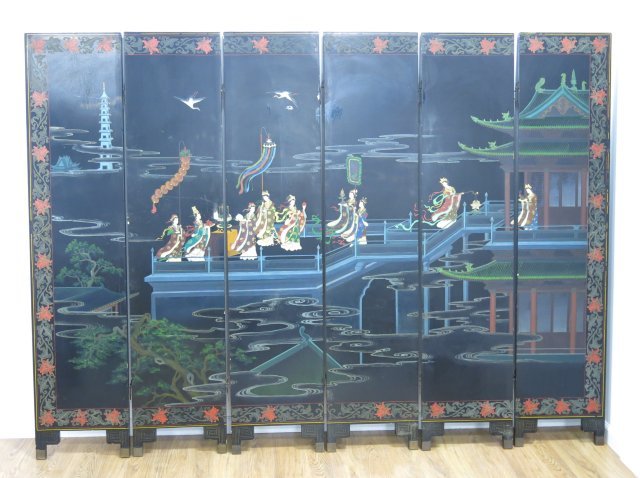 Chinese Polychromed & Gilt Lacquered Screen: 6 panels. Each panel approx. 72" H x 16" W. From an estate on the Upper West Side. (4050) Lacquer chipped, scratches.