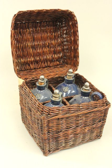 4 Blue pottery jugs in fitted wicker basket (1 of 5)