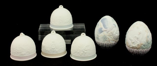 6 Lladro pieces including 4 bells & 2 paperweights: From a 50 year collection.