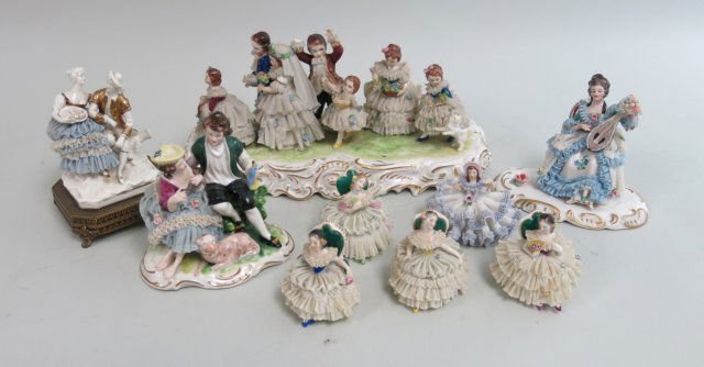 9 Continental Crinoline porcelain figural groups (1 of 7)
